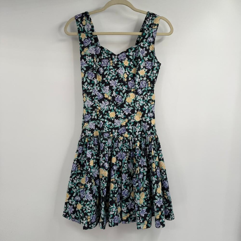 VTG Laura Ashley Sundress Womens 8 Black Floral Cotton Back Bow Drop Waist Mini